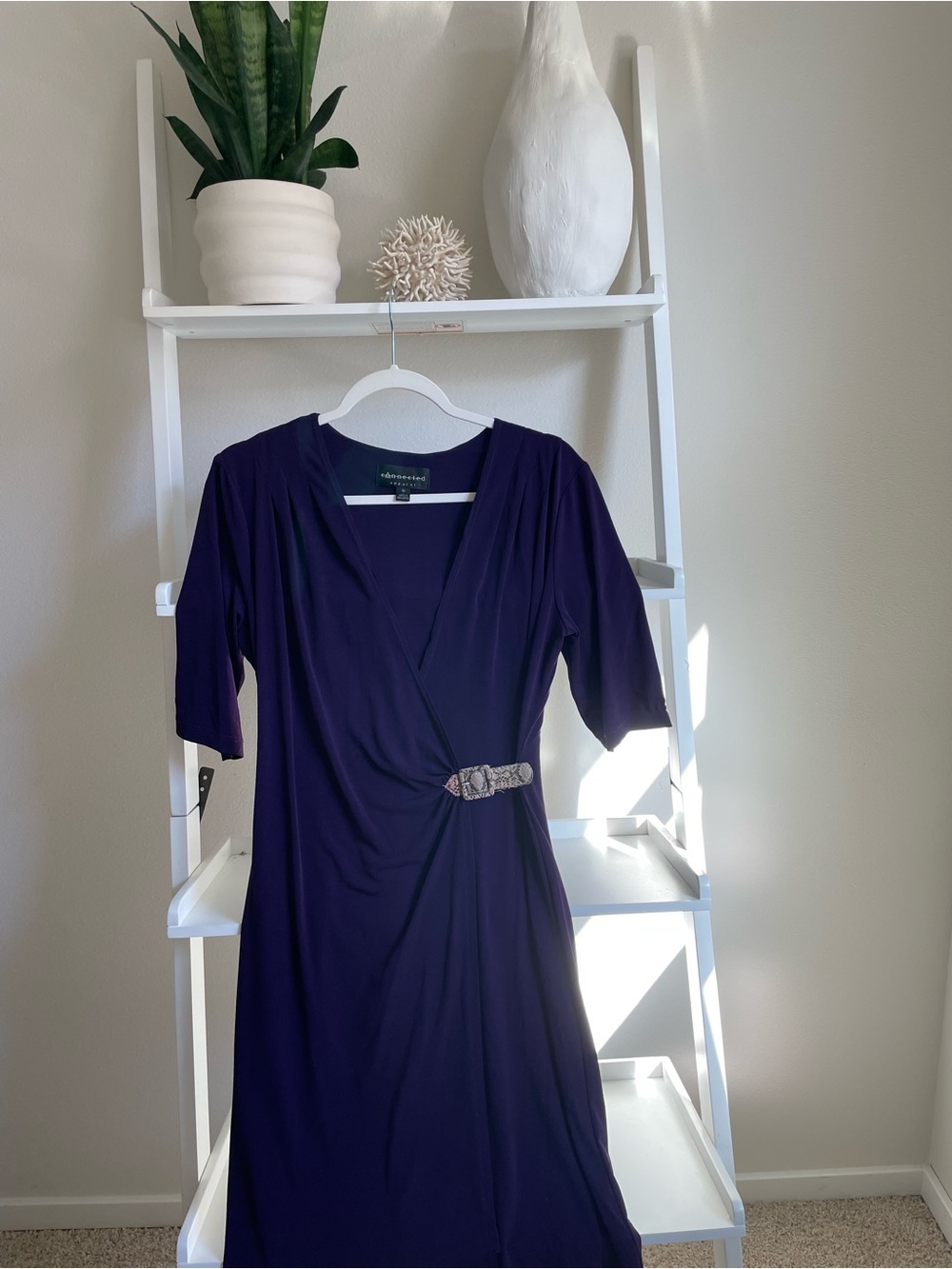 connected apparel Deep Purple Faux-Wrap Midi Dress with Decorative Buckle